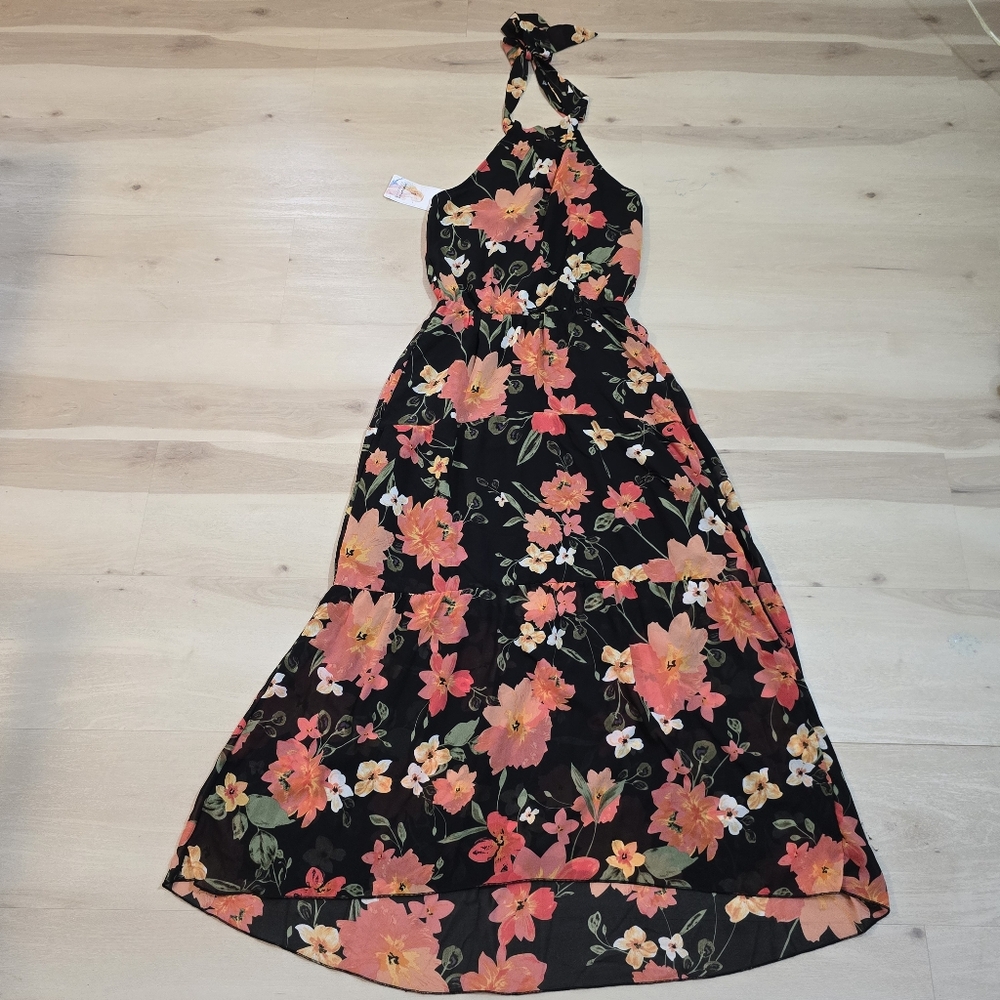 Pretty Garden Floral Summer Light Multicolor Halter High Low Tie Neck Dress NWT